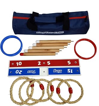 Throwing Games Ring Toss Game Wooden Quoits Throwing Tossing Game Set with Carry Bag (5 pieces rope rings + 10 pieces plastic rings