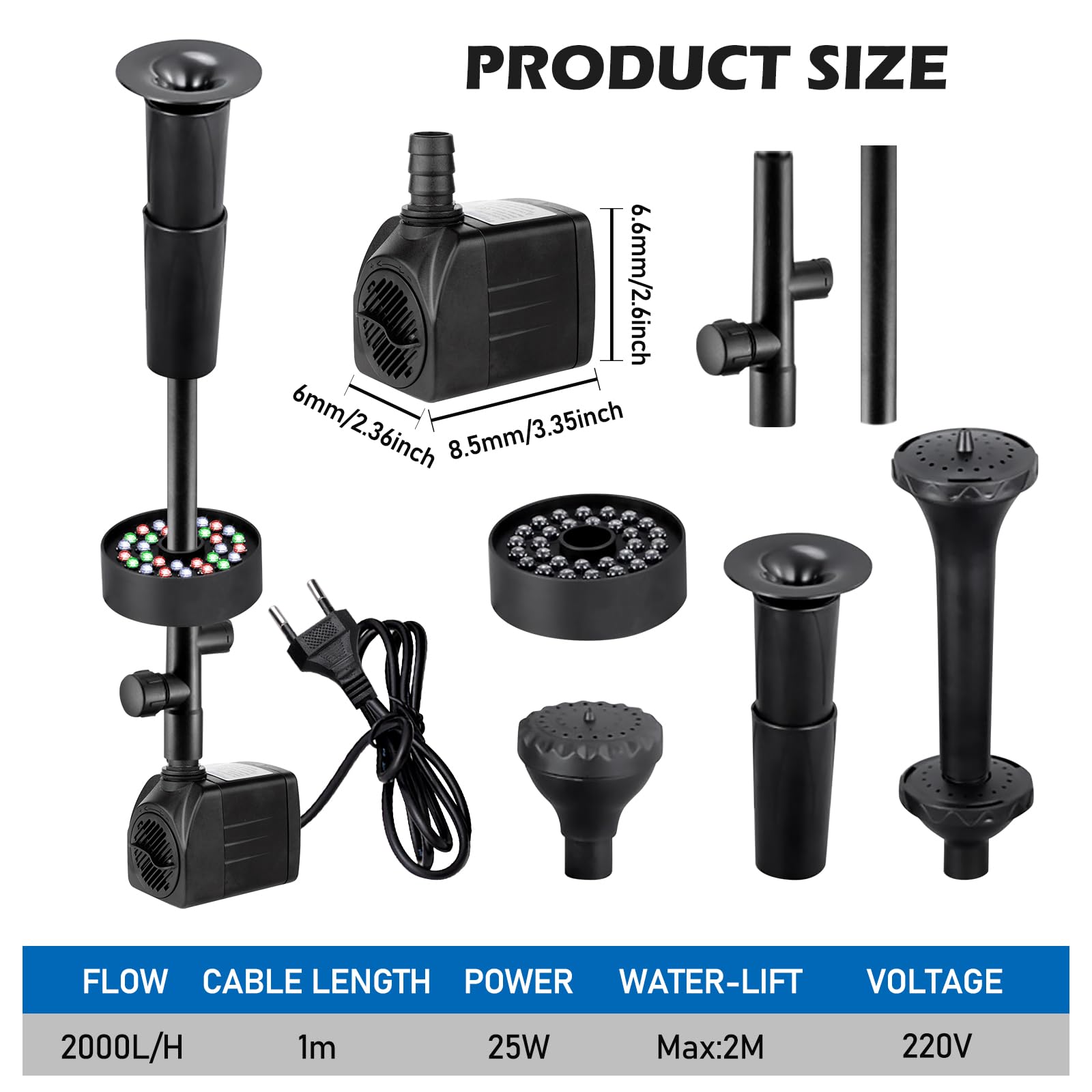 Pompe de fontaine extérieure, 25W 2000L/H Pompe pour étang, pompe de fontaine avec filtre, petite pompe de fontaine avec lumière, pompes d’étang, pompe d’étang, pompe à eau pour aquarium pour bassin d