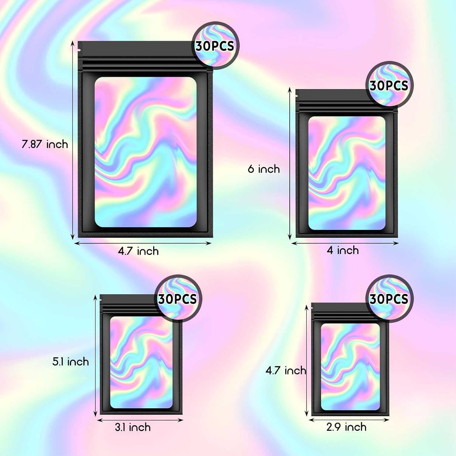 120 PCS Smell Proof Mylar Bags Resealable Odor Proof Bags Holographic Packaging Pouch Bag with Clear Window for Food Storage Jewelry Candy Electronics Storage, 4 Sizes (Black Each Size 30pcs) image 2