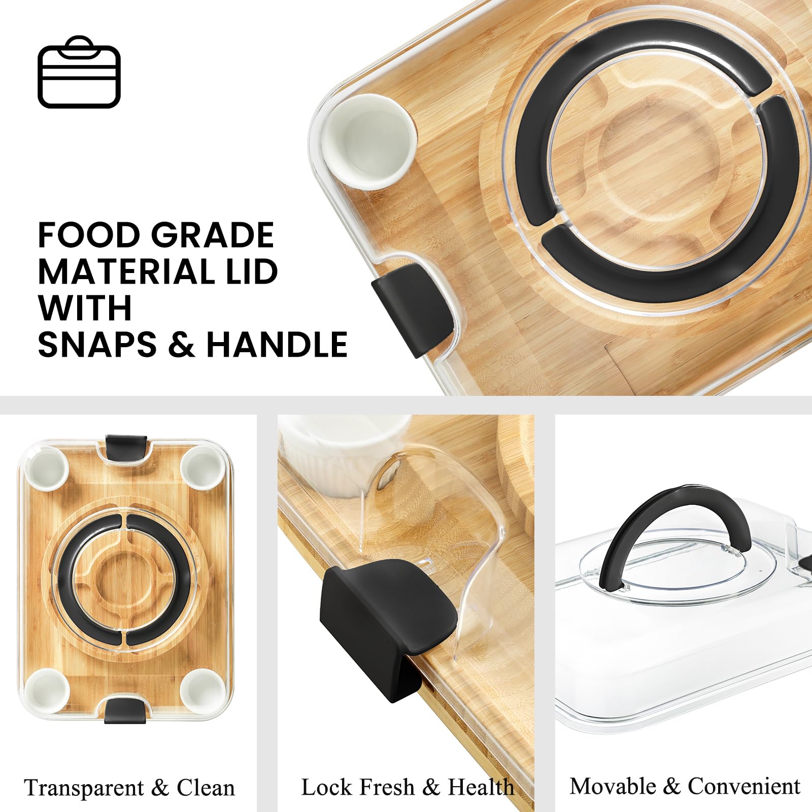 KHINYA Tablas de charcutería, juego de tablas de queso, tabla de charcutería con tapa, regalos para mujeres, plato de queso para inauguración de la casa, práctico diseño de tapa con asa (3 cajones,