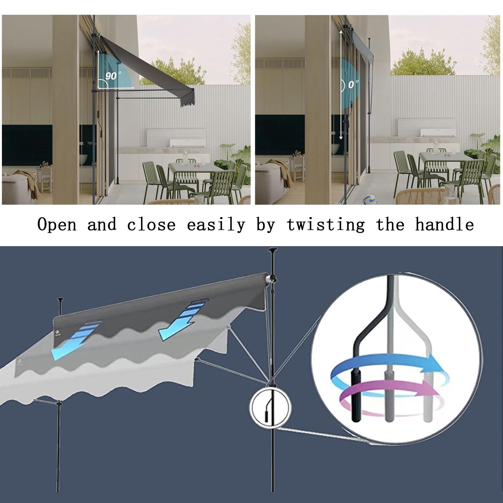 Store Banne Rétractable 250x120cm Gris Foncé - Hauteur Réglable 175-300cm, Auvent Manuel Sans Perçage Pour Terrasse Balcon, Protection UV Résistante
