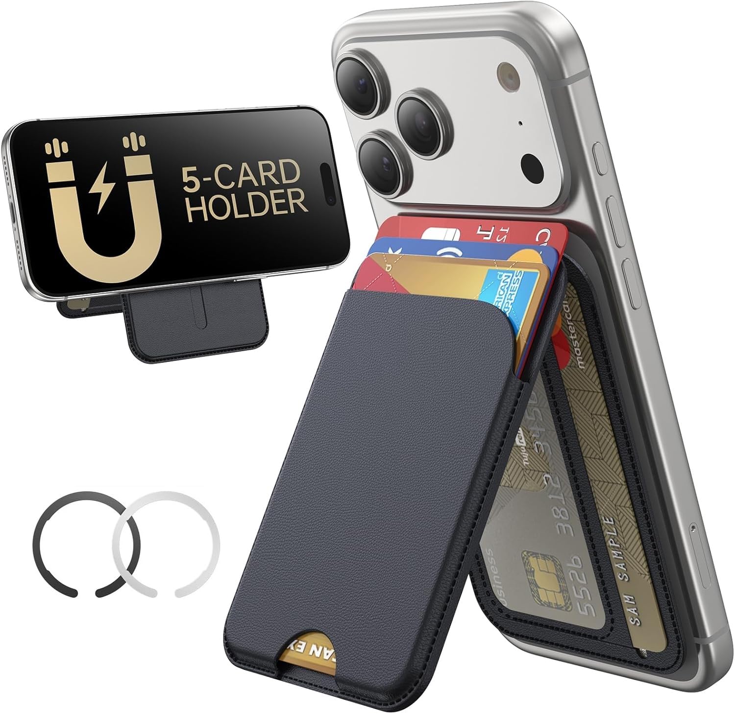 Meyaar Magnetic Wallet for iPhone & Android | MagSafe Card Holder with 2 Adhesive Metal Rings | 5 Card Holder for MagSafe Cases & Android Phones | Vegan Leather (Black)-image-4