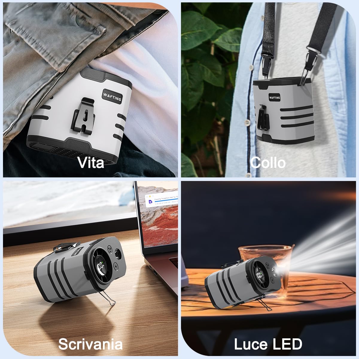 WAFTING Ventilatore a vita portatile – batteria ad alta capacità da 10000 mAh, 10 impostazioni di velocità regolabili, luci LED, ricarica di tipo C (Grigio)
