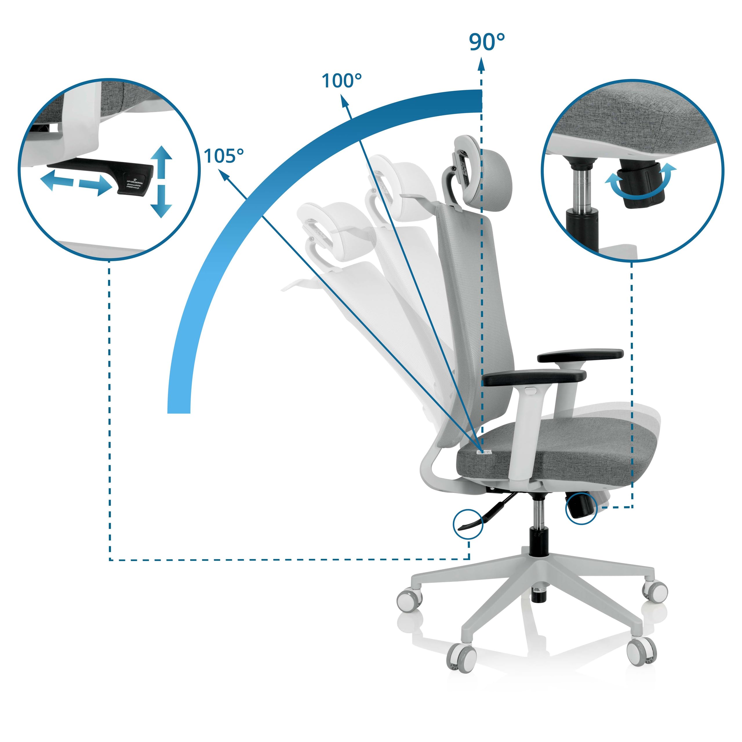 hjh OFFICE 810038 Comfio WMH ergonomiczne krzesło biurowe z regulowanym zagłówkiem lędźwiowym i zagłówkiem, materiał/siatka, kolor szary