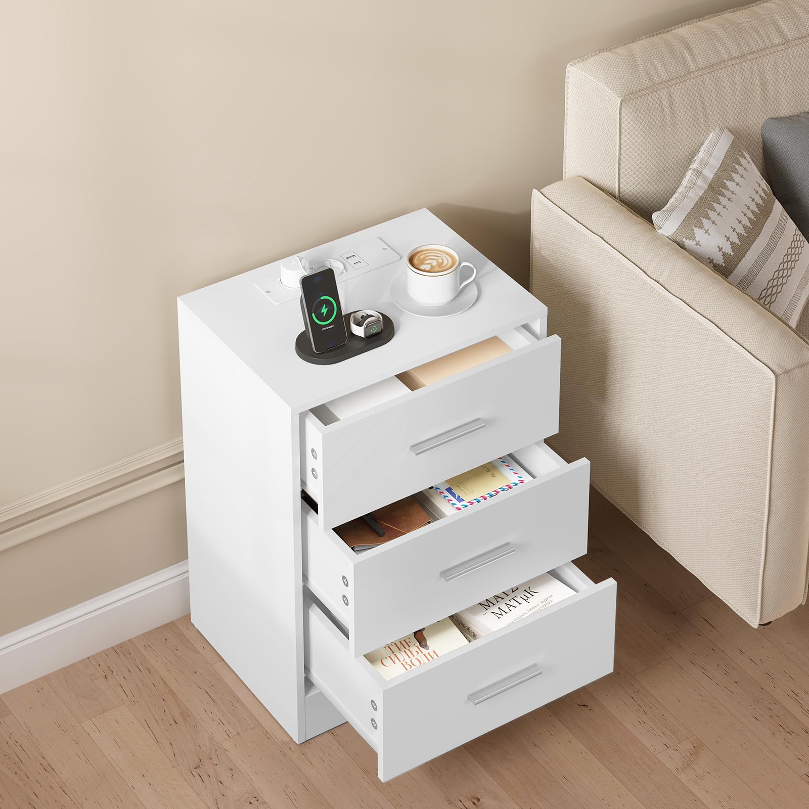 WOLTU Mesitas de Noche, Mesas de Centro con Enchufes, Mesitas de 3 Cajones, Mesillas de Noche para Dormitorio, Salón y Estudio, Blanca, MDF, 39x28,5x54,5 cm