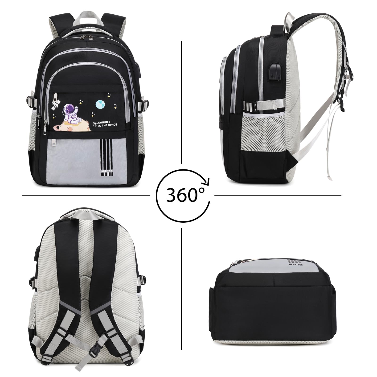 ACESAK Zaino per ragazzi – Zaino per bambini con borsa per il pranzo – Set di libri per bambini ragazzi ragazze adolescenti scuola elementare media, Grigio, Large, Zaini Daypack