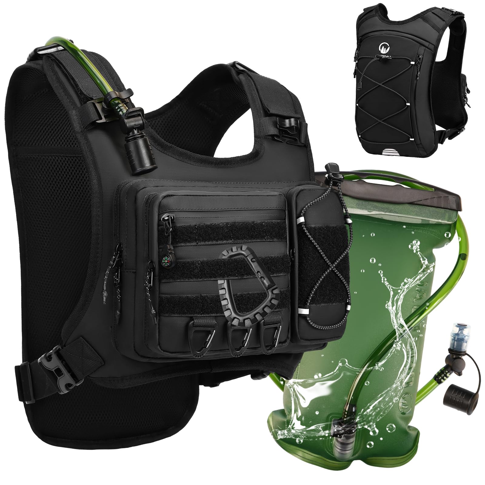 ONETOALL Running Vest with 2L Leakproof Water Bladder, Lightweight Insulated Hydration Backpack, Reflective Tactical Chest Pack for Men & Women Hiking, Cycling, Hunting, Skiing