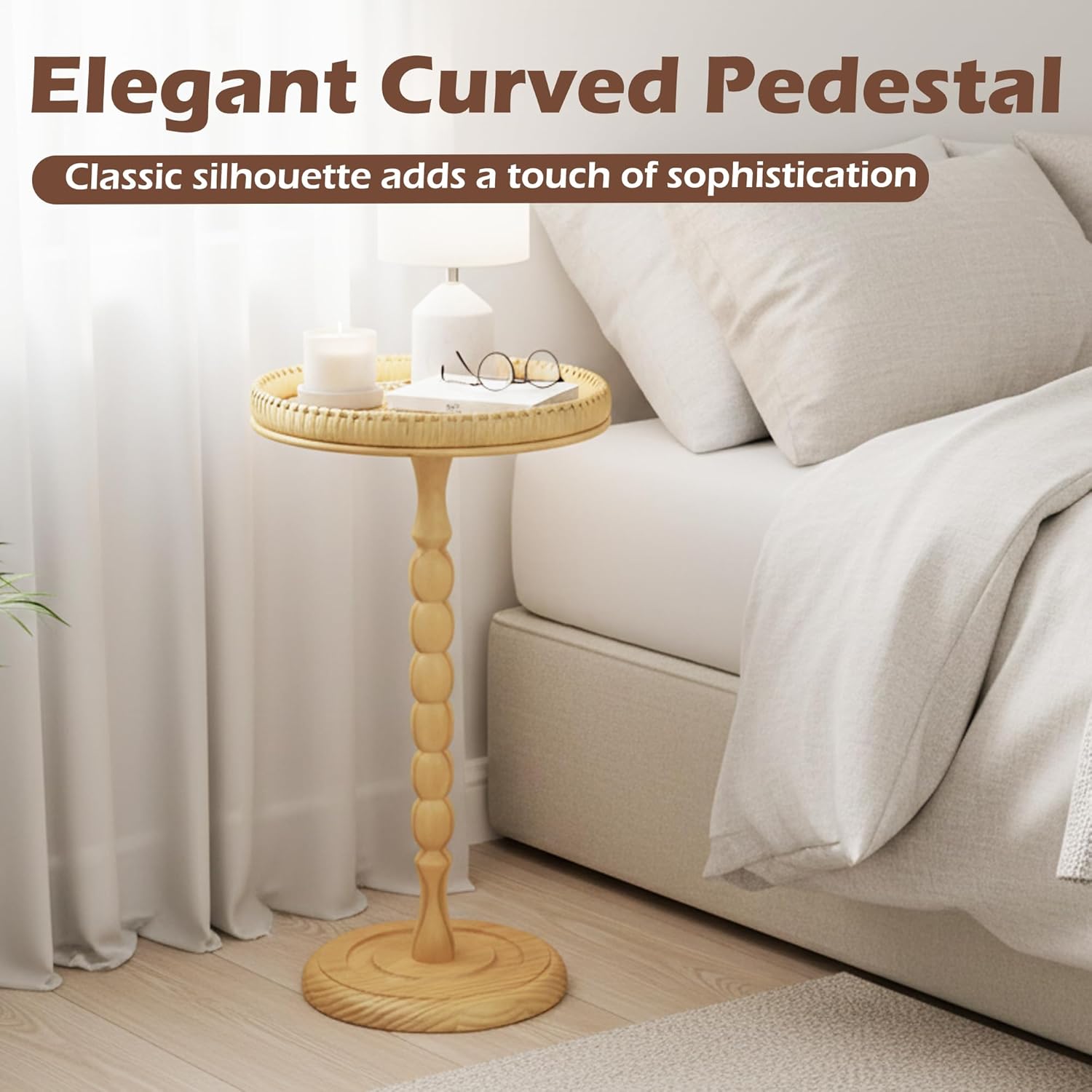 Drink Table,21" H Rattan Small Side Table with Solid Wood Leg Stand, Boho Accent Cocktail Tables for Small Spaces,Round End Table for Living Room,Bedroom and Corners