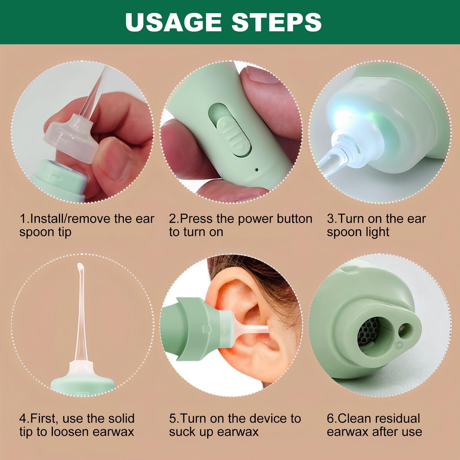 Limpiador de Oídos Eléctrico con Luz LED, Aspirador de Cera Oídos Verde, Kit de Extracción con 4 Cucharas de Repuesto, Removedor de Cera Portátil Suave y Seguro para Adultos y Niños