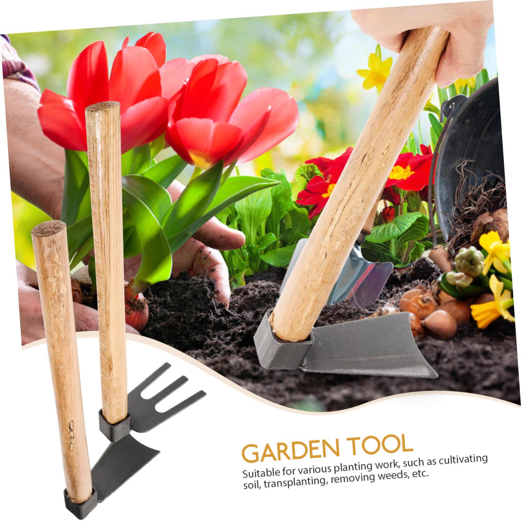 HEMOTON 1Set Garden Hoe and Rake Wooden Handle Vegetable Farming Tools for Weeding Soil Digging Durable Hoe Hand Rake for Efficient Garden Cultivation