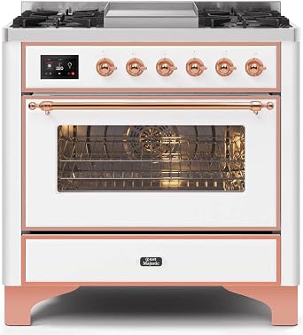 ILVE UM09FDNS3WHP Majestic II Series 36 Inch Freestanding Dual Fuel Range with Natural Gas, 6 Sealed Brass Burners, 3.5 cu. ft. Total Oven Capacity Conversion Kit Included in White with Copper Trim