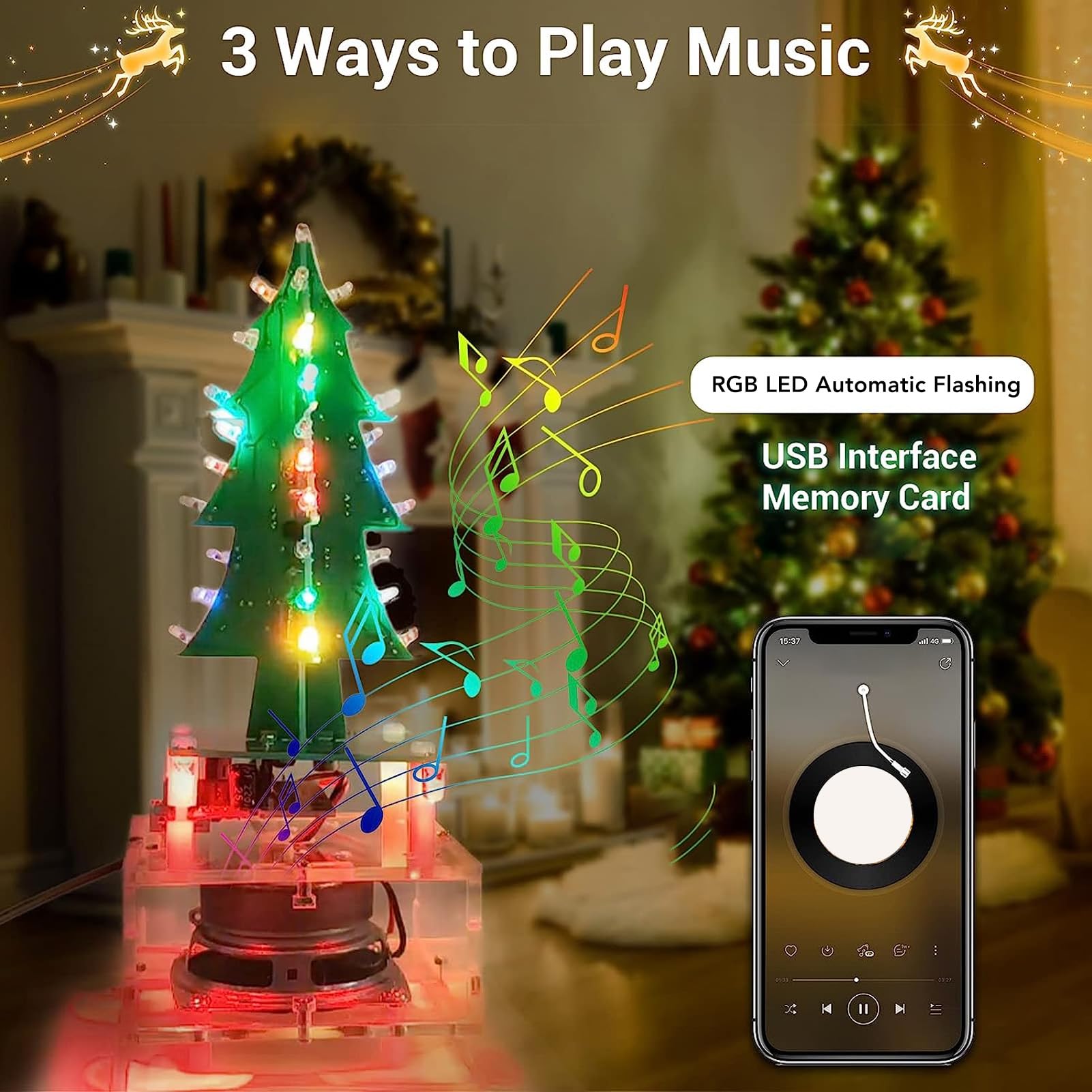 3D Christmas Tree Soldering Kit, DIY Electronics with 37 RGB LEDs, Rotating Design, Music Effects, DC 4.0-5.5V - Image 4