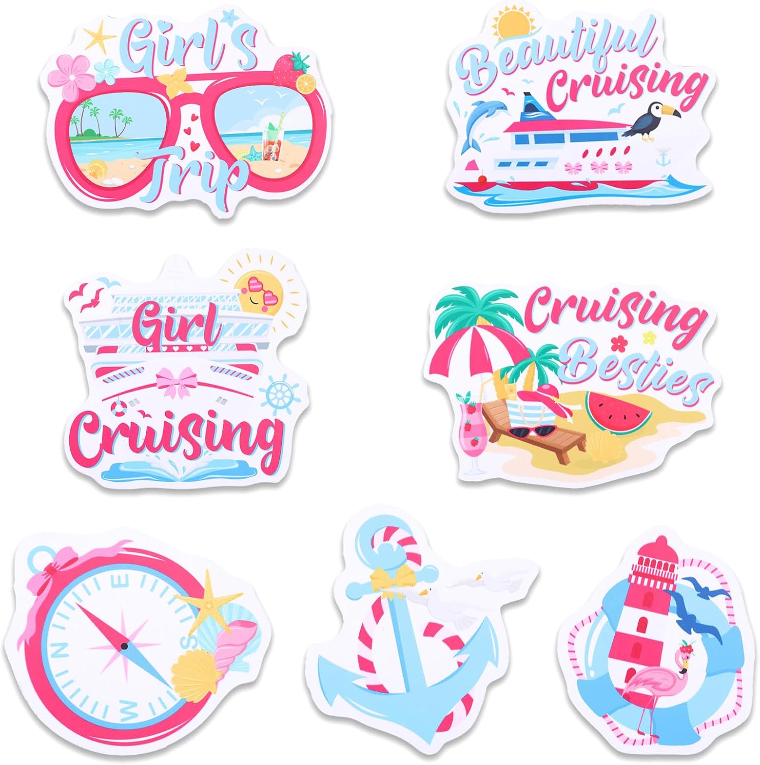 7pcs Girls Trip Cruise Door Magnets, Summer Beach Anchor Carnival Cruise Ship Door Signs Decorations Magnetic Stickers Cruising Cabin Magnets Decals for Nautical Car Fridge Party Vacation Decor