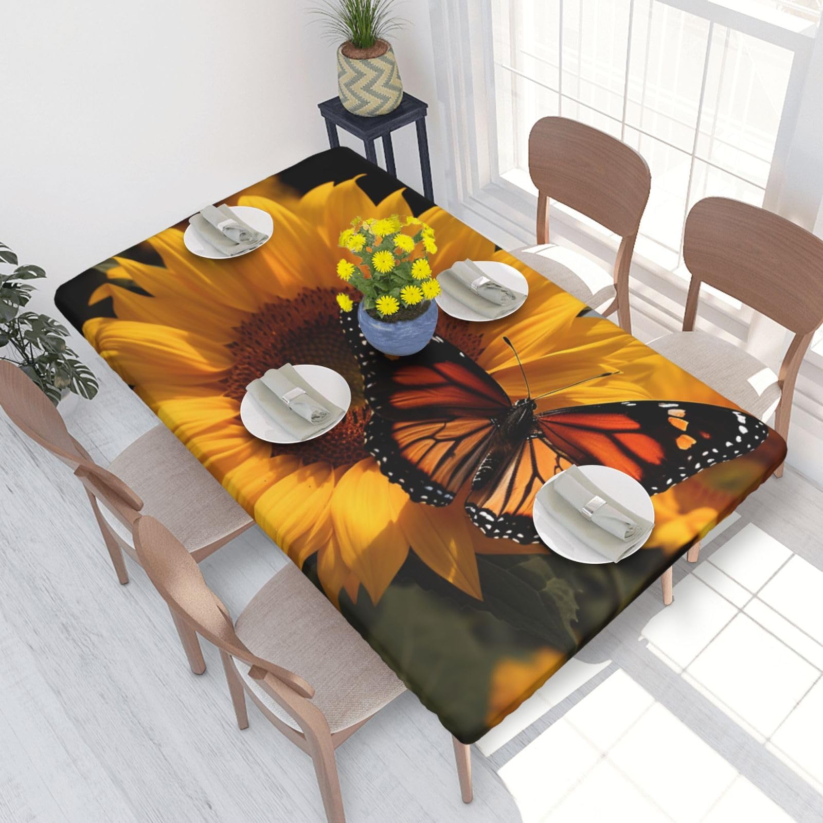 DCARSETCV Sunflower with Butterfly Printed 4FT Waterproof Tablecloth with Elastic Edged Protect & Decor Your Table, Oil-proof Washable Table Cloth Cover for Dinner Picnic Party