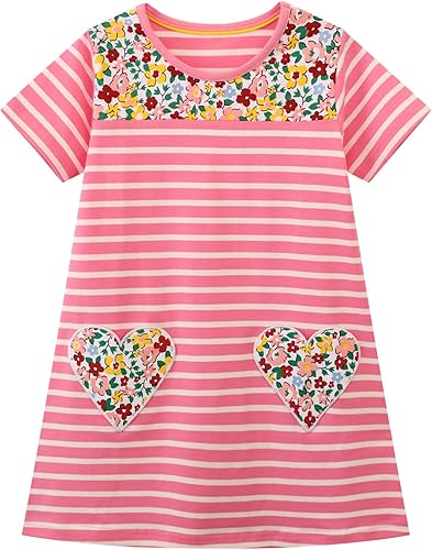 HILEELANG Vestido de manga corta para niñas pequeñas, de algodón, casual, de verano, con apliques, camisa, vestidos de jersey