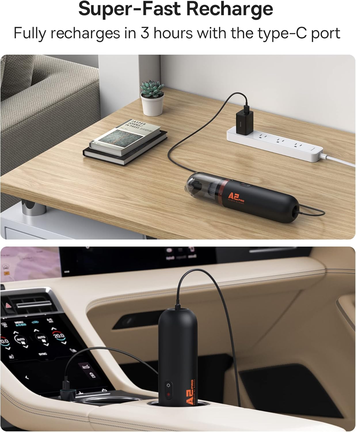 Baseus A2 Pro charging via USB-C in a home and car setting.