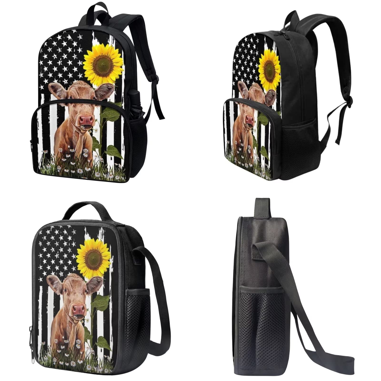 Poceacles Schultasche und Lunchbox-Set für Teenager, Jungen, Grundschule, Büchertasche, Federmäppchen für Grundschulkinder, Amerikanische Flagge Sonnenblumenpferd, Einheitsgröße