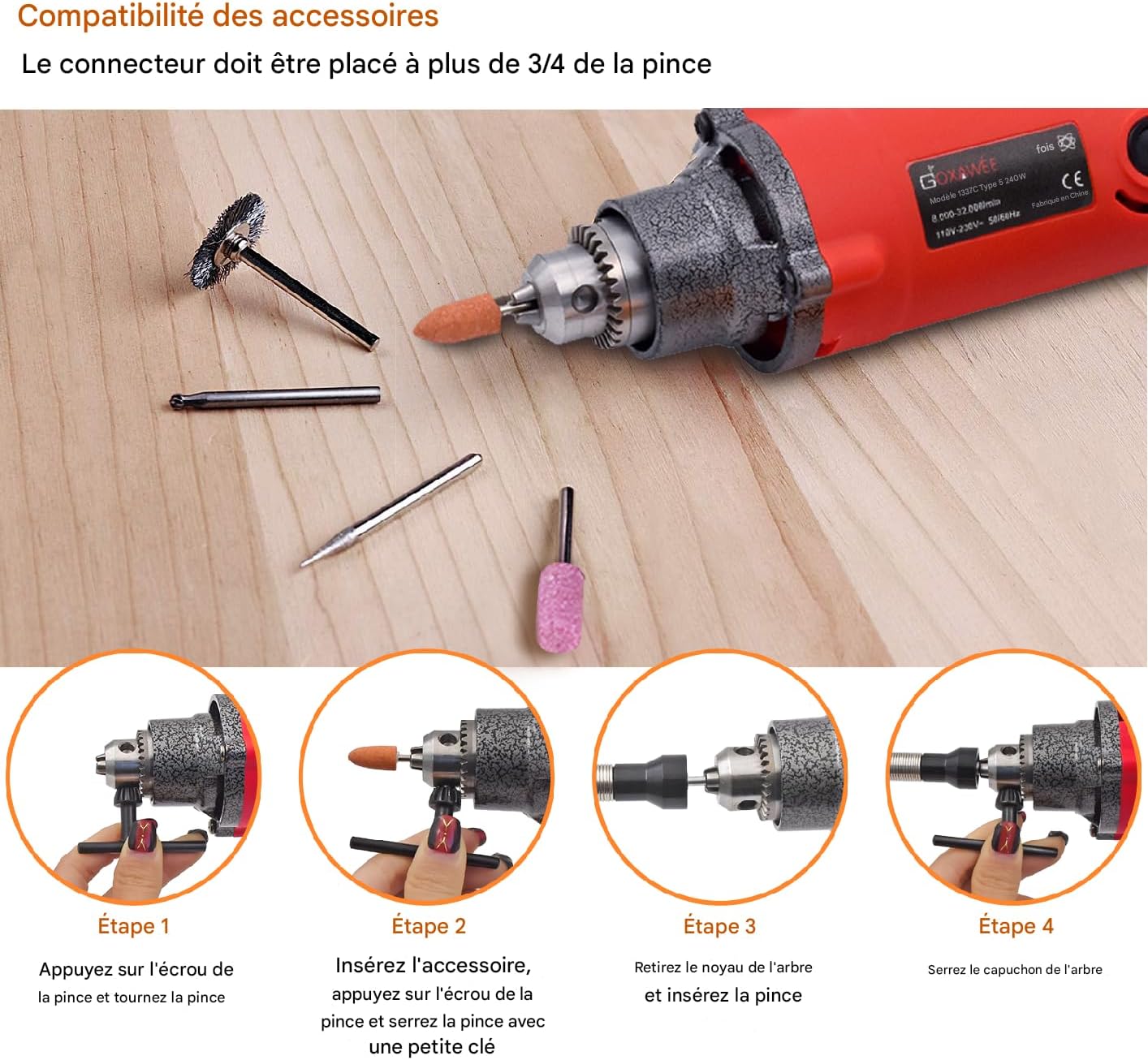 Steps for attaching accessories to the rotary tool