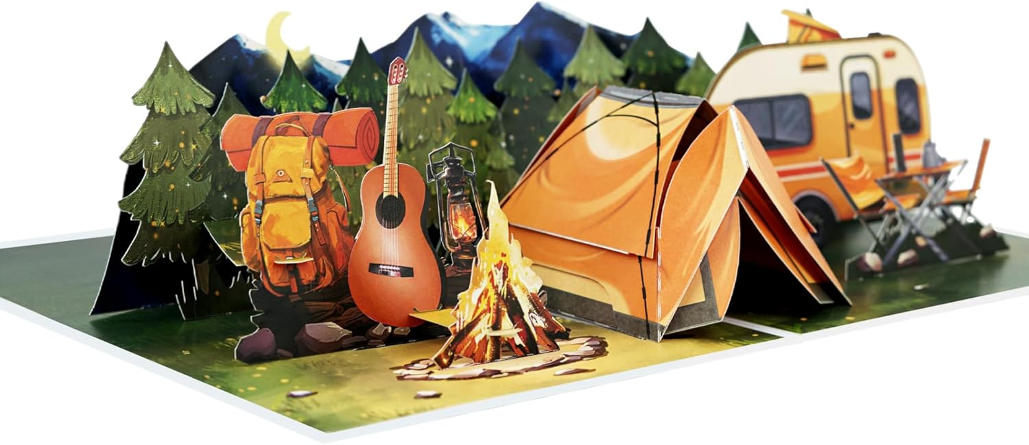 iGifts And Cards Night Camping 3D Pop-Up Card – Campfire, Tent, Vintage Camper Scene – Outdoor Adventure Greeting for Hikers, RV Owners, Nature Lovers, Retirement & Birthday – 6 x 8 Handmade Keepsake