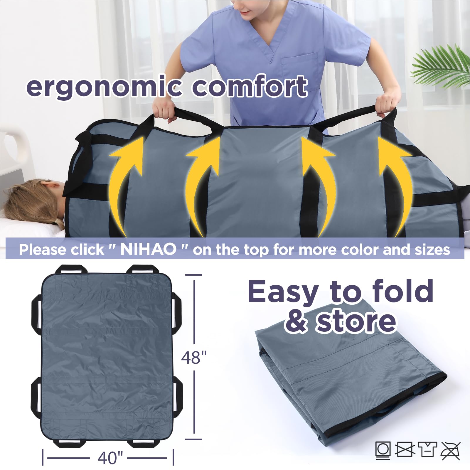 NIHAO Almohadilla de cama de posicionamiento multiusos con asas reforzadas de 48 x 40 pulgadas, sábana de transferencia de cama para pacientes, alfombrilla de elevación para giro, reposicionamiento,