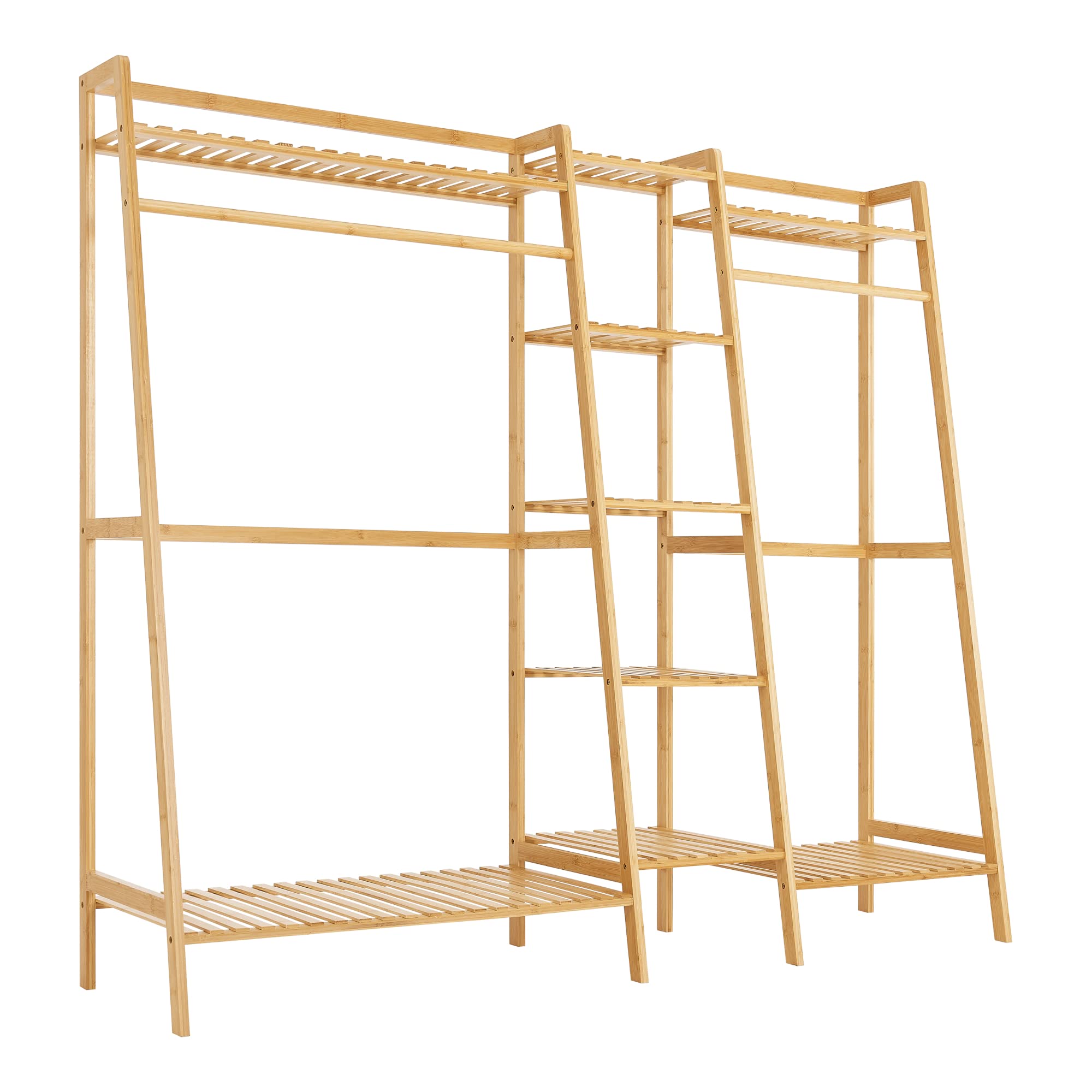 [en.casa] Stand Appendiabiti (AxLxP) 139 x 158 x 40 cm Organizzatore Guardaroba Scaffale Porta Abiti Scarpe Borse a 2 Barre e 9 Ripiani Armadio Aperto in Bambù - Naturale