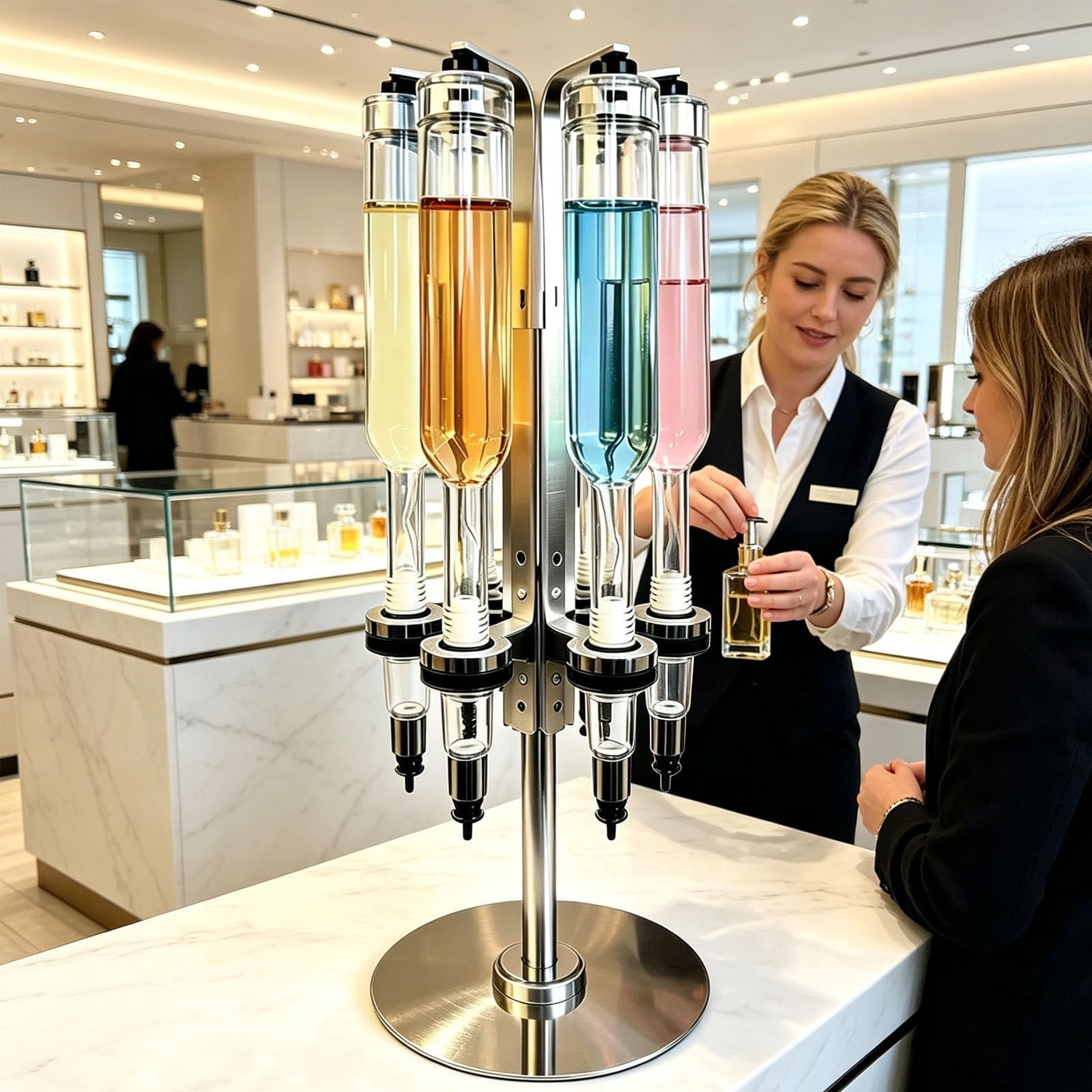 Dispenser di profumi manuale, kit di riempimento e trasferimento per liquidi, con 6 flaconi in vetro, testina di pompaggio regolabile, base girevole,per la vendita al dettaglio e progetti 375ml