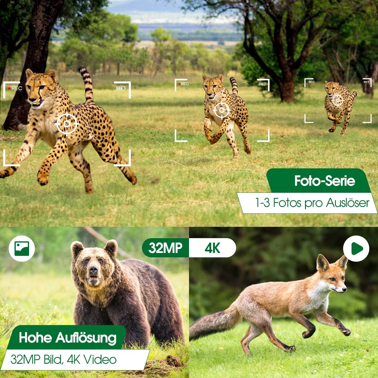 Crenova Wildkamera Handyübertragung APP 4K 32MP mit 32GB microSD 940nm IR LEDs WLAN Bluetooth, Wildtierkamera mit Nachtsicht Bewegungsmelder Spielkamera IP66 Wildbeobachtung Waldkamera