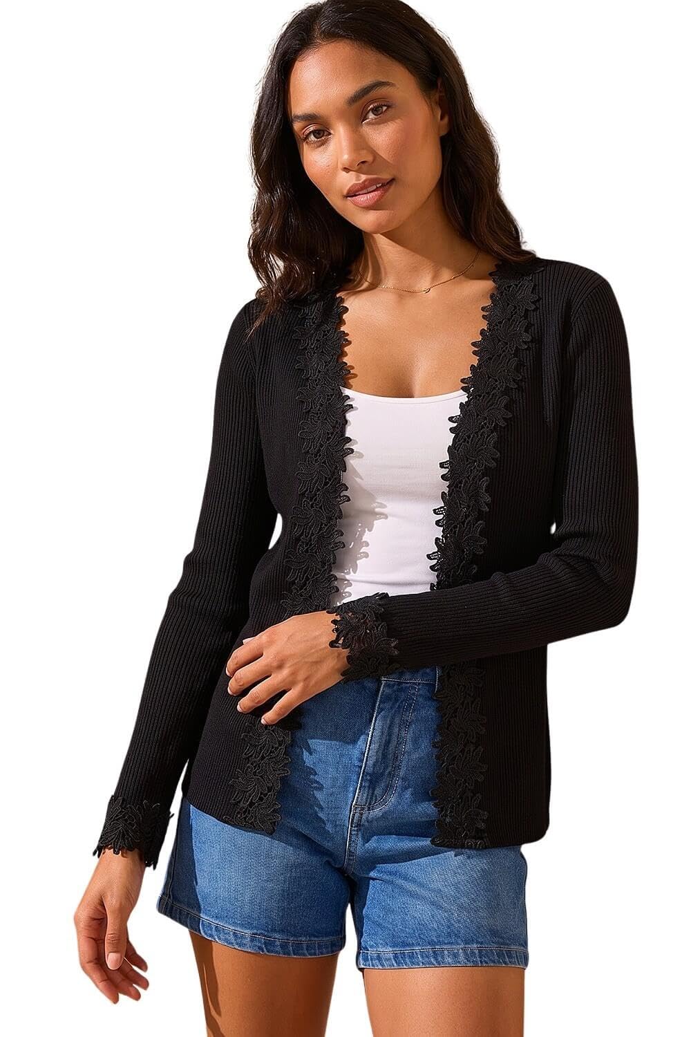 Roman Originals Lace Trim Knit Cardigan for Women UK - Ladies Everyday Holiday Spring Summer Comfy Soft Evening Vacation Work Party - Noir - Size 20