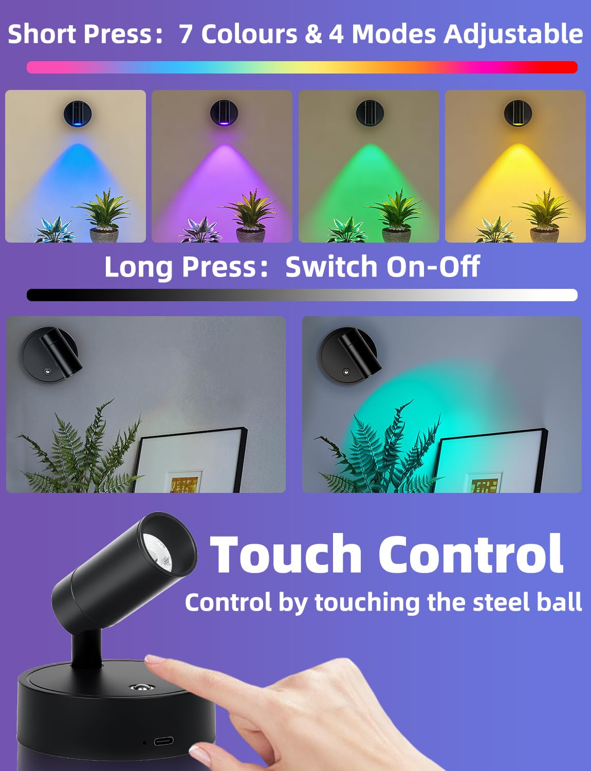 Arotelicht LED Wandleuchte RGB Innen Spotlight Dimmbar Kabellose Strahler mit Akku 3000mAh, Wandspot Touch-und Fernbedienung Magnetmontage Wandlampe für Schlafzimmer, Wohnzimm, Pflanzenbeleuchtung