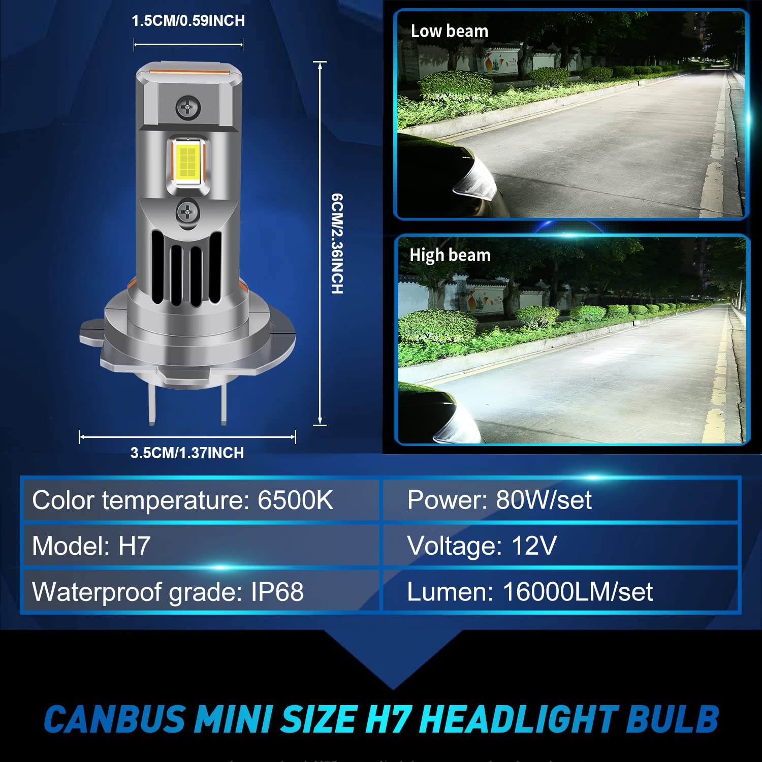 2Pcs Lampadina LED per fari H7, 80W 16000LM 12V Bianco freddo 1:1 Mini dimensione H7 lampadina faro Canbus senza errori Kit di restauro fari super luminoso IP68 impermeabile Plug and Play