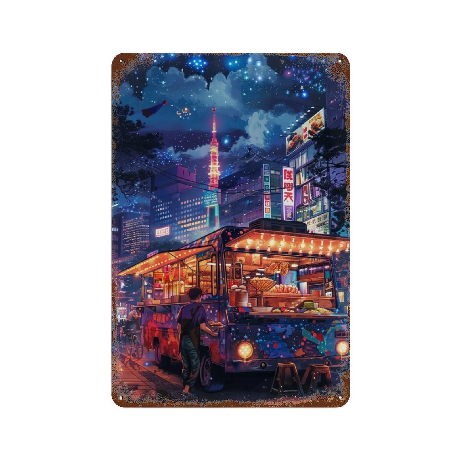 Rusty Metal Tin Sign with Tokyo Night Food Truck Design 11.8"x7.9", for Shed, Workshop And Garage Wall Decor, Classic Wall Plaque