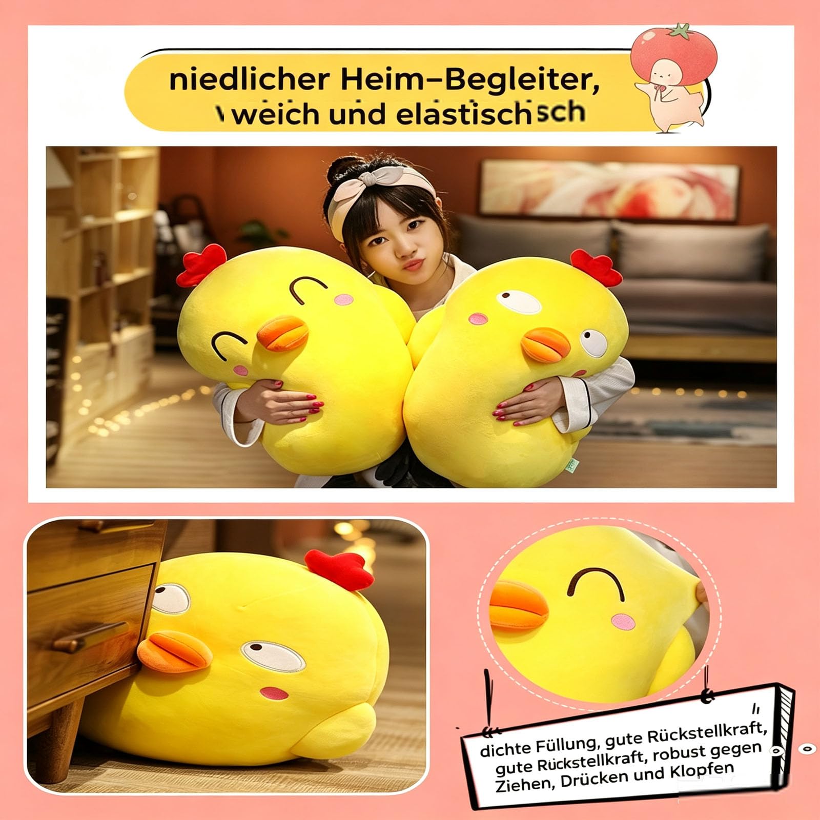 Huhn Kuscheltier, Lustiges Fettes Huhn Plüschkissen, Gelbes Huhn gefülltes Tier Plüsch Spielzeug, Super weiche Simulation Mutter Hen Puppe für Jungen Mädchen Festival Geschenke (45 * 60cm,B)