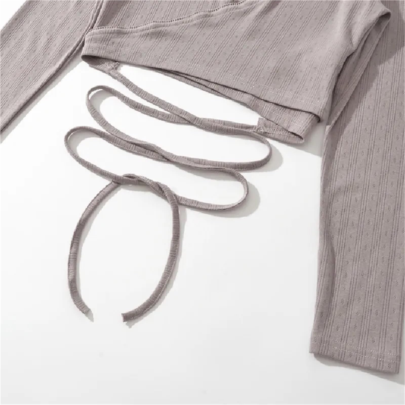 Sexy Strick-Baumwolle im Ballettstil mit Schnürung an der Taille, Wickel-T-Shirt, Skinny-T-Shirt for Damen mit gekreuztem V-Ausschnitt und langen Ärmeln, Crop-Tops
