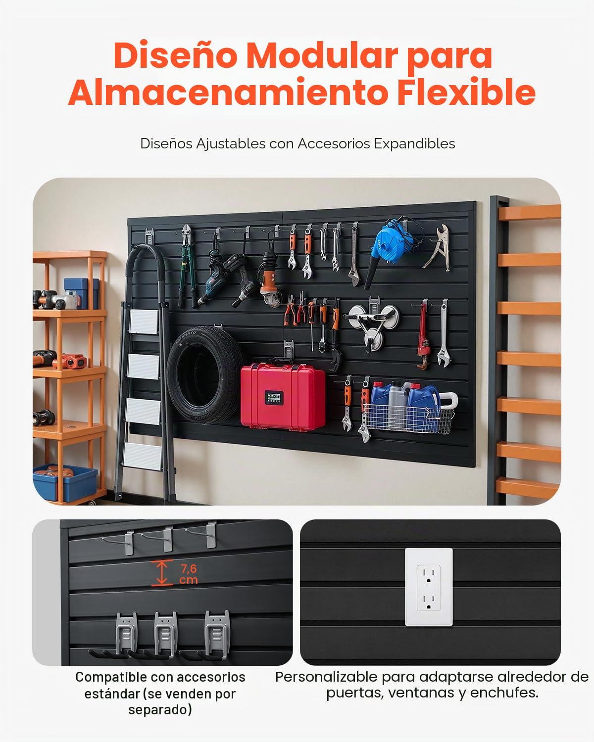 VEVOR Paneles de Pared de Listones 1225 x 2450 x 20 mm, Panel de Listones de Garaje de PVC Diseño Modular con Estructura de Acoplamiento y Corte de Bricolaje para Almacenamiento y Exhibición, Negro