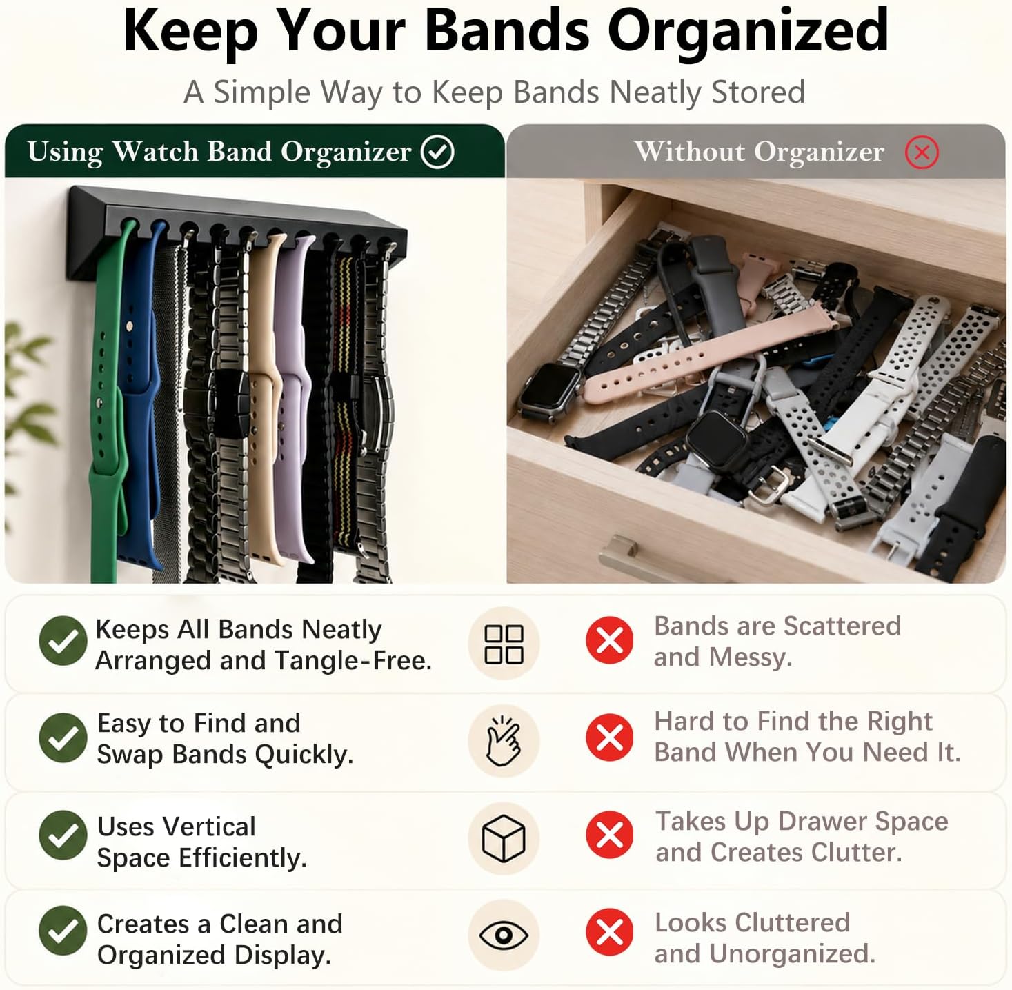 2 Packs Watch Band Organizer Wall Mount, Watch Band Holder with Adhesive Installation,20 Slots Plastic Organizer for Display Strap, Grooved Watch Strap Organizer for Men Women（Black+White）