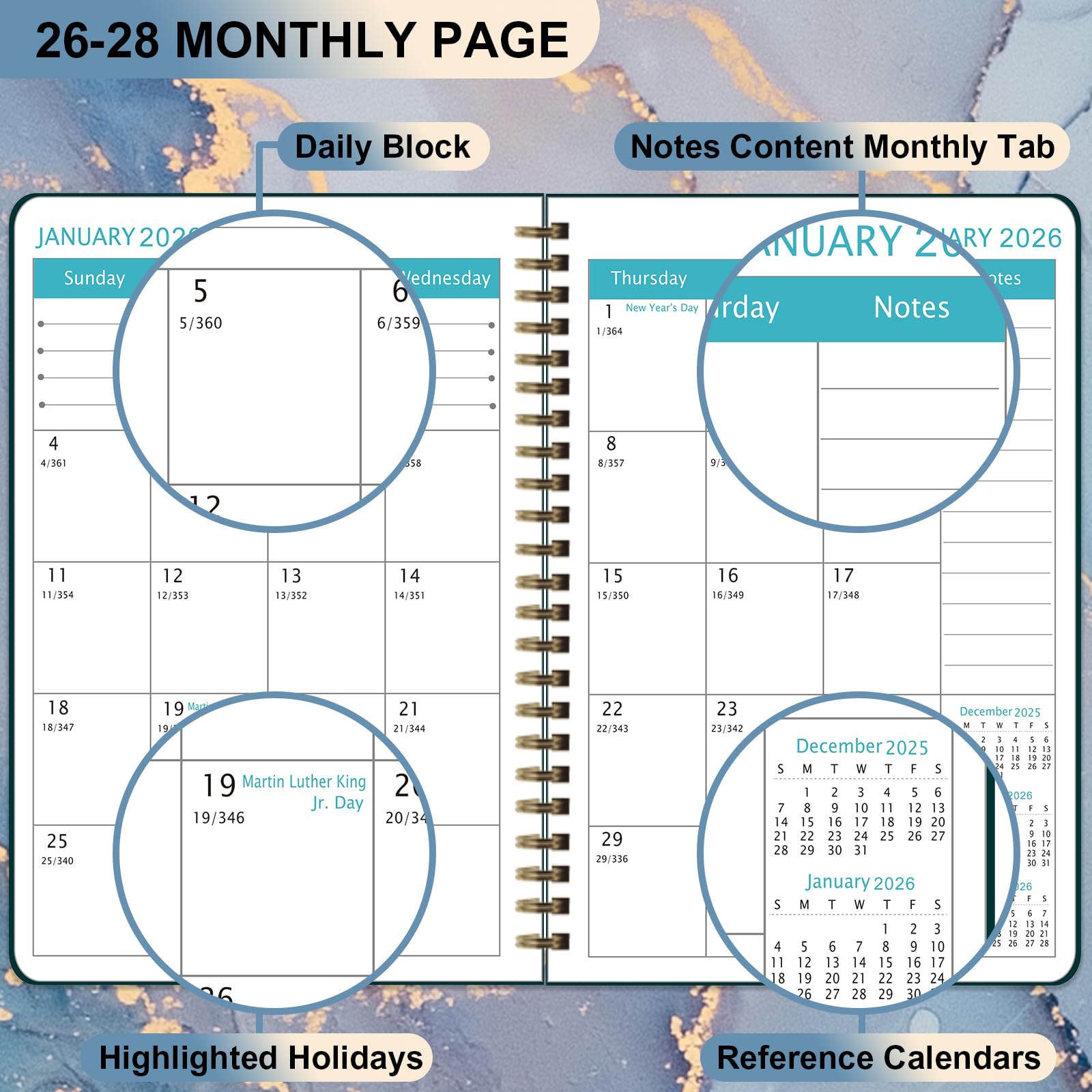 Calendario mensual de 3 años, organizador semanal académico con encuadernación de doble alambre, 9 x 11 pulgadas, enero de 2026 a diciembre de 2028, para estudiantes y profesores (mármol gris)