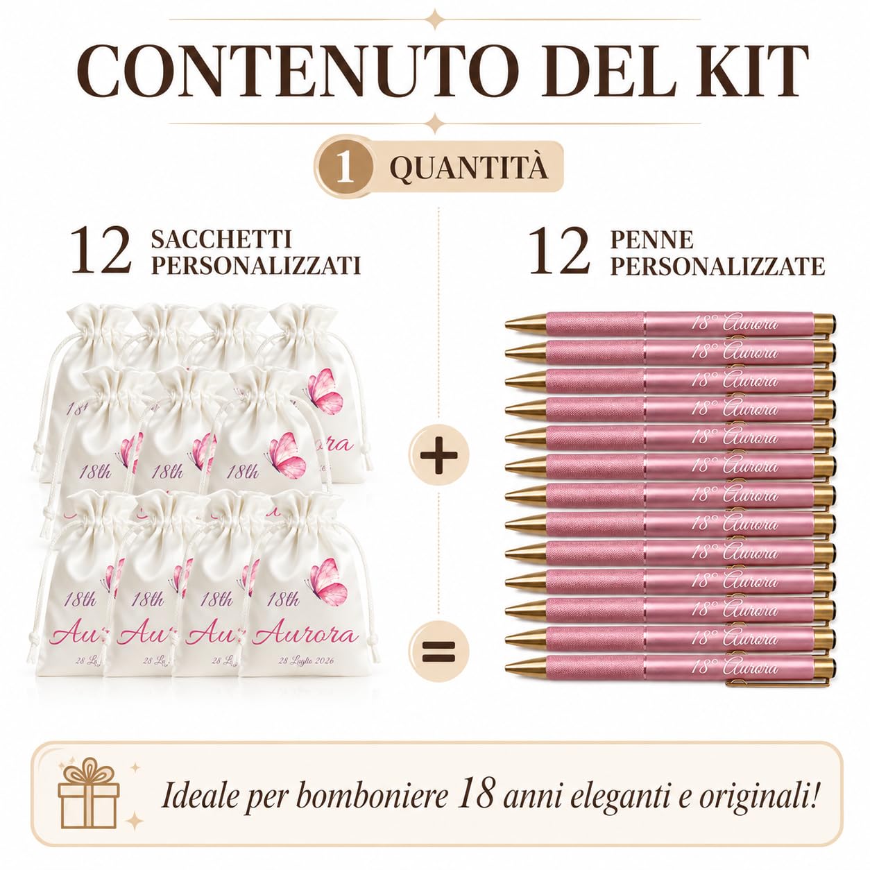 Kit 12 Sacchetti e 12 Penne Personalizzati 18 Anni Bomboniere Compleanno | Bomboniere eleganti con nome, età e data: ricordo perfetto per invitati e amici.