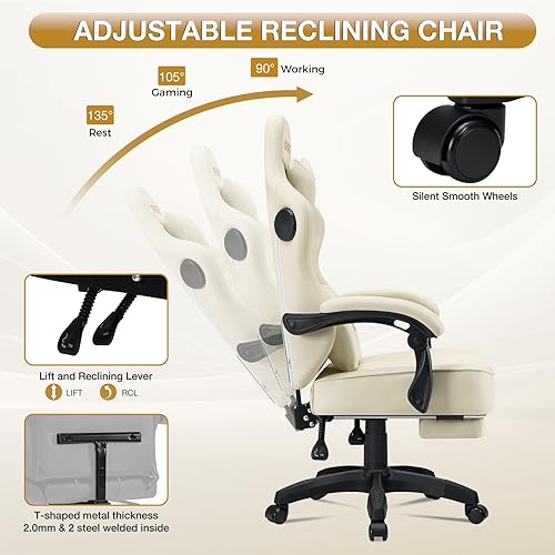 Miniatura 9 de HOFFREE Silla de juegos para computadora con altavoces, sillas de juegos de masaje con reposapiés, Bluetooth, respaldo alto, ergonómicas, sillas de