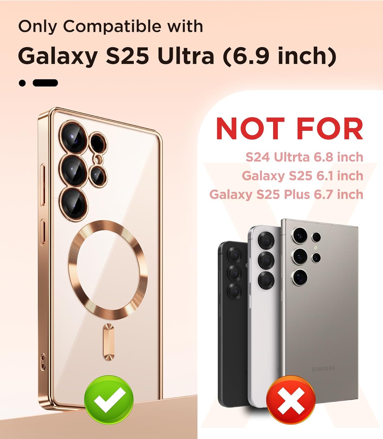 Magnetic Case Compatible with Samsung Galaxy S25 Ultra,Compatible with MagSafe,[Full Camera Protection][Screen Protector] Shockproof Plating Clear Phone Cover for Galaxy S25 Ultra(Rose Gold/Clear)