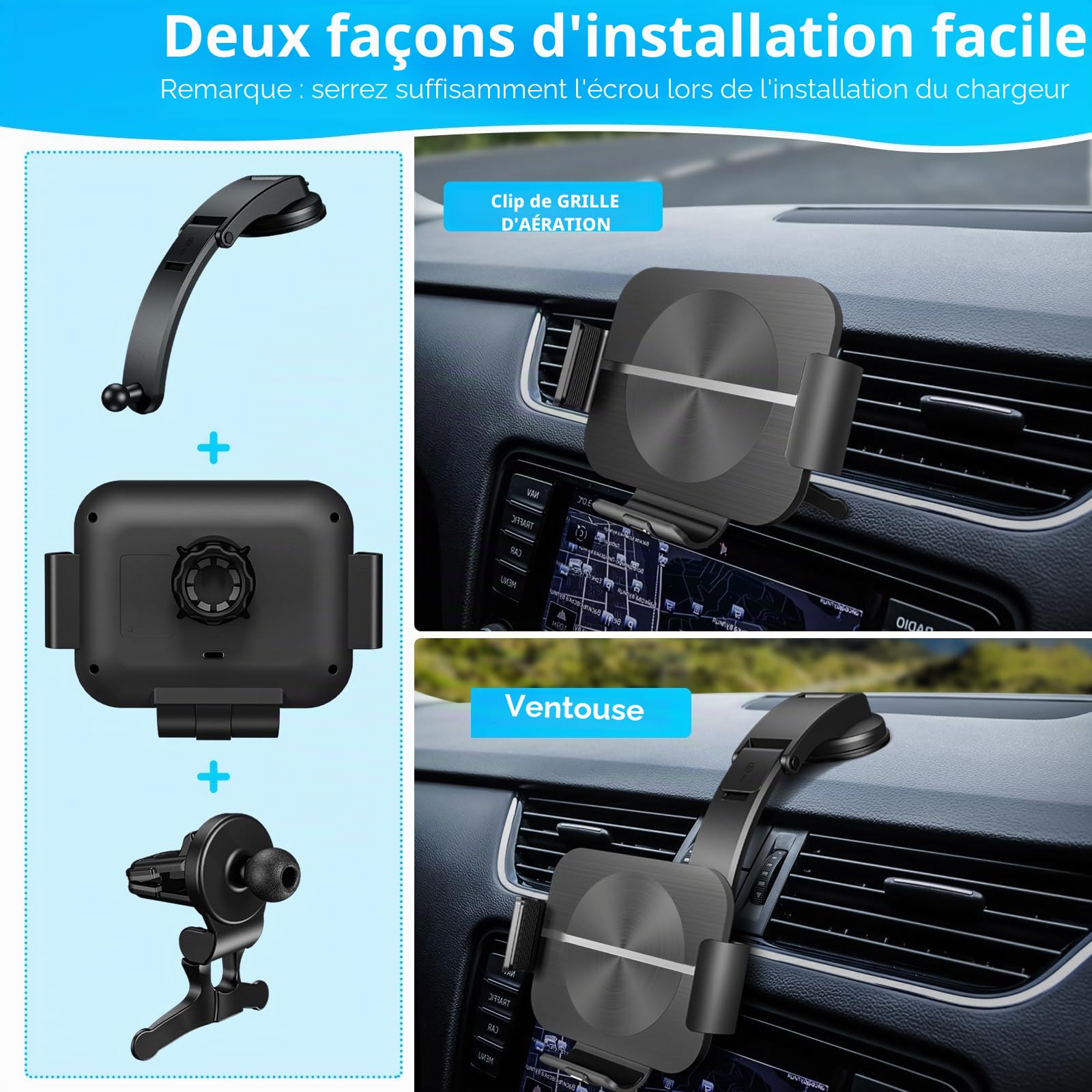 Dual Coils Support de téléphone portable sans fil 15 W avec fonction de charge à induction automatique Qi Chargeur de voiture sans fil pour Samsung Galaxy Z Fold 6/5/4/3 USB QC 3.0