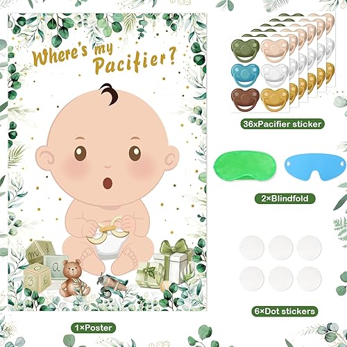 Miniatura 3 de Hxezoc Juegos de baby shower Pin The Chupete en el juego del bebé con 36 calcomanías para chupete, juegos de póster de bebé verde grande para fiesta