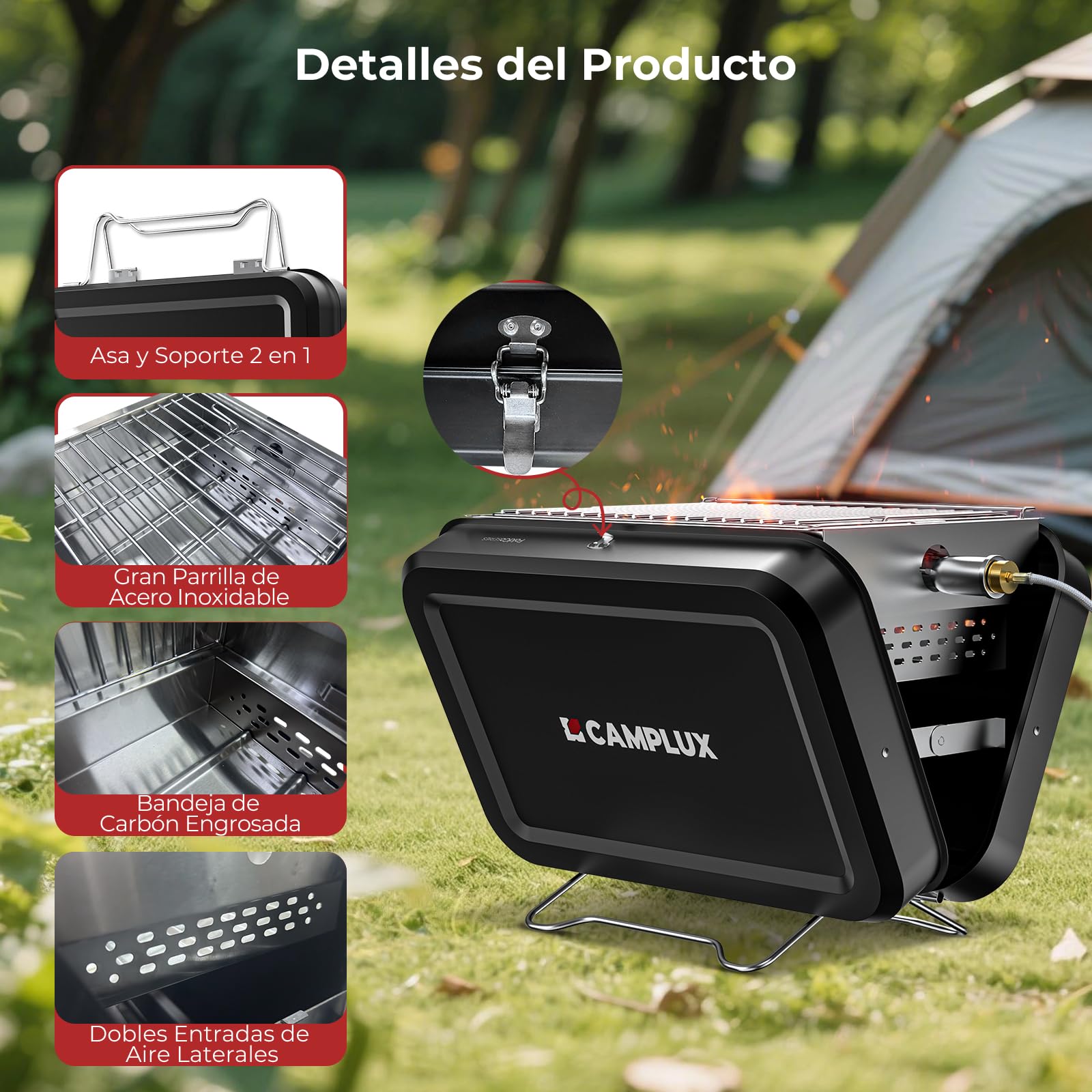 CAMPLUX FoldGo Parrilla a Gas Portátil, 2-in-1 a Gas y Carbone, FG16GB | 2 kW, Rejilla 32x23,5 cm, Diseño Plegable Compacto, Ideal para Camping, Jardín, Balcón y Viajes