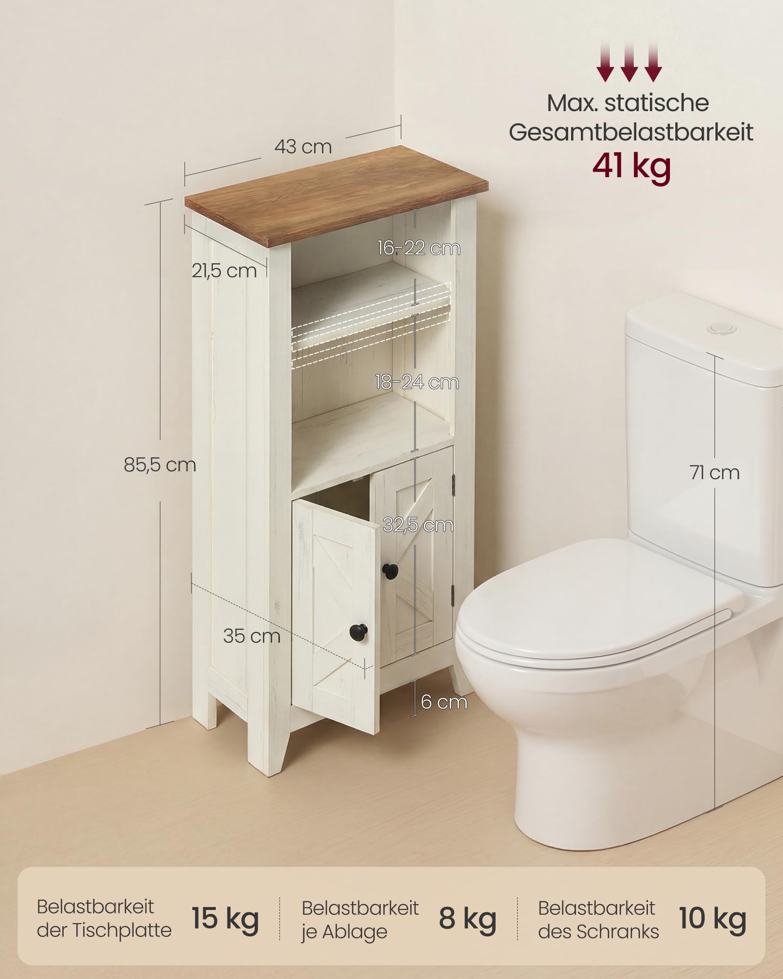VASAGLE LIRY Kollektion - Badezimmerschrank im Landhausstil, Schrank, Badschrank schmal, offene Fächer, mit Türen, für Badezimmer, vintageweiß-honigbraun BBK313W101