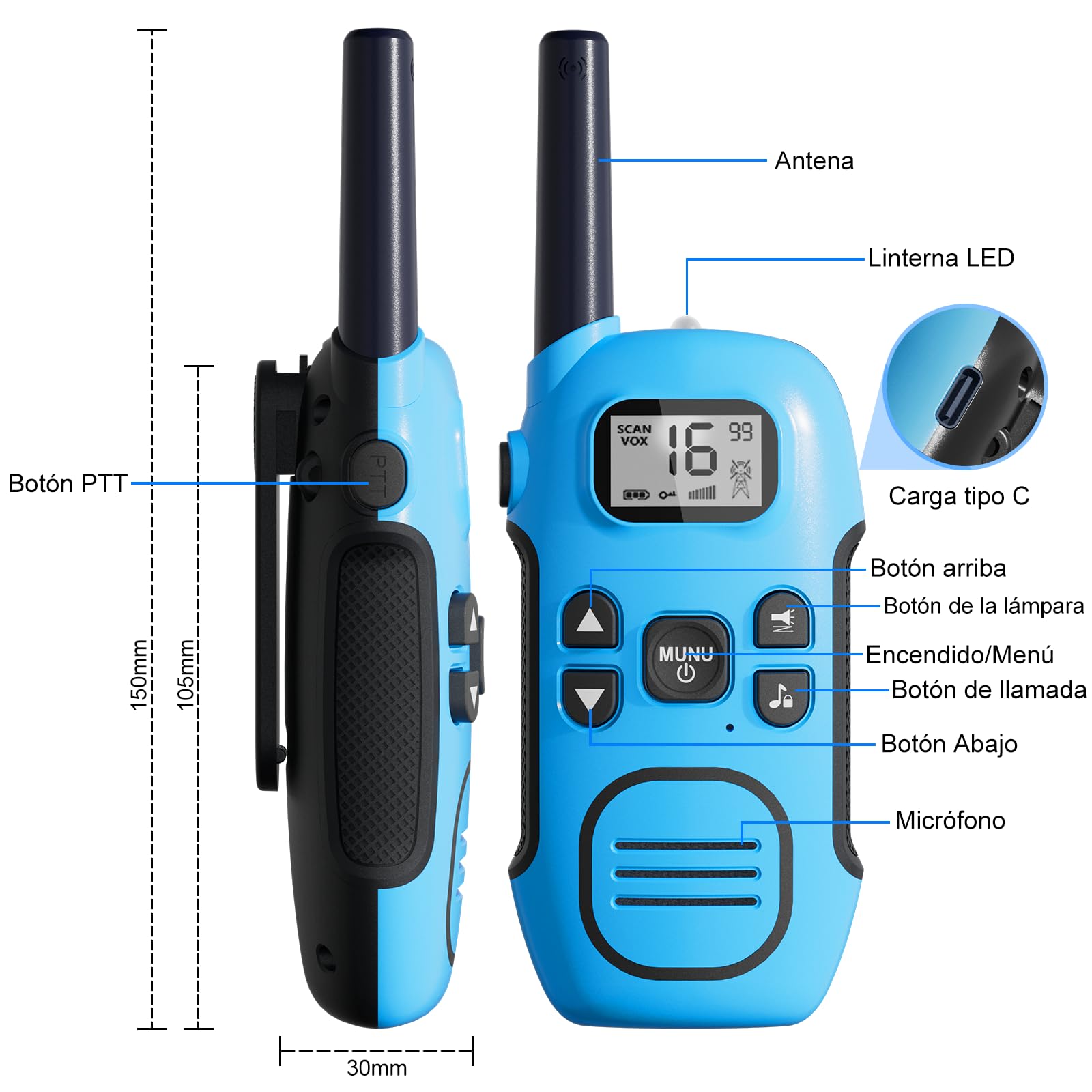 Walkie Talkie Profesional Recargable,Walkie-Talkie Largo Alcance para Niños,1200mAh Batería,16 Canales Radio,VOX LED,para Aventuras Senderismo (Azul + Amarillo + Rosa, Paquete de 3)