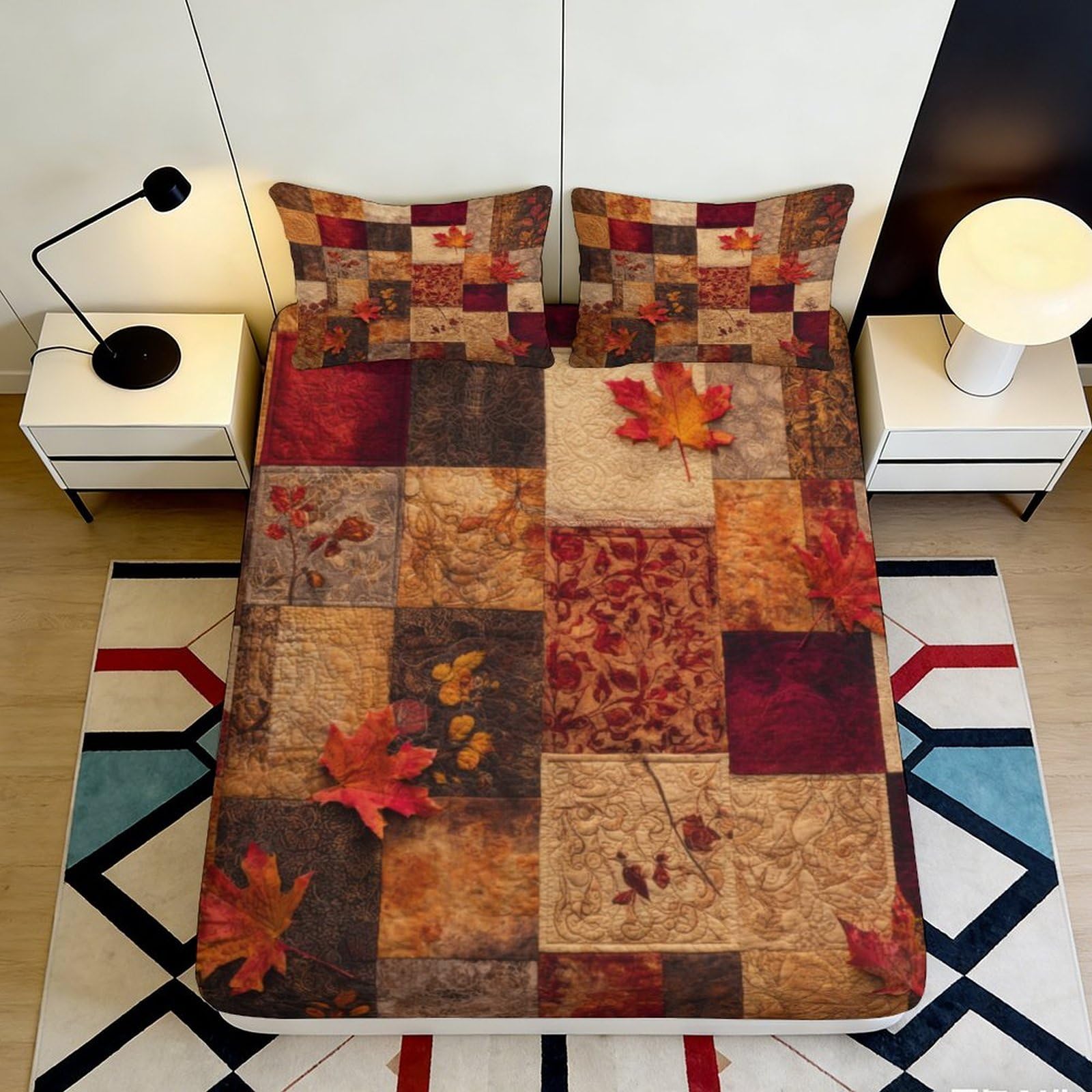 Jqzkxnhpbr Style-3 3D Printed Patchwork Autumn Leaves Fitted Sheet Microfiber Mattress Cover, Bed Sheet For Bedroom, Dorm And Guest Room 90X200x25cm