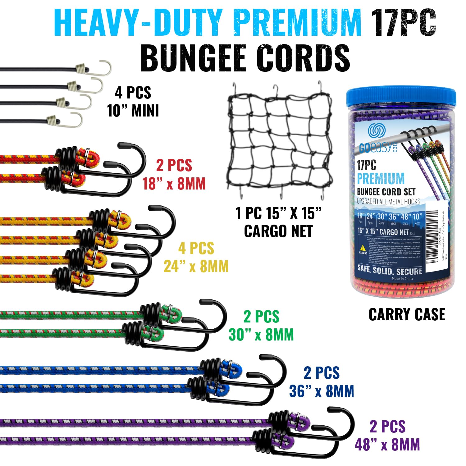 GOEASY0312 Corda elastica resistente di alta qualità – 17 pezzi con ganci in un barattolo di immagazzinaggio include 25,4 cm, 45,7 cm, 61 cm, 76,2 cm, 91,4 cm, 121,9 cm Bungie Cord & Cargo Net Bundle