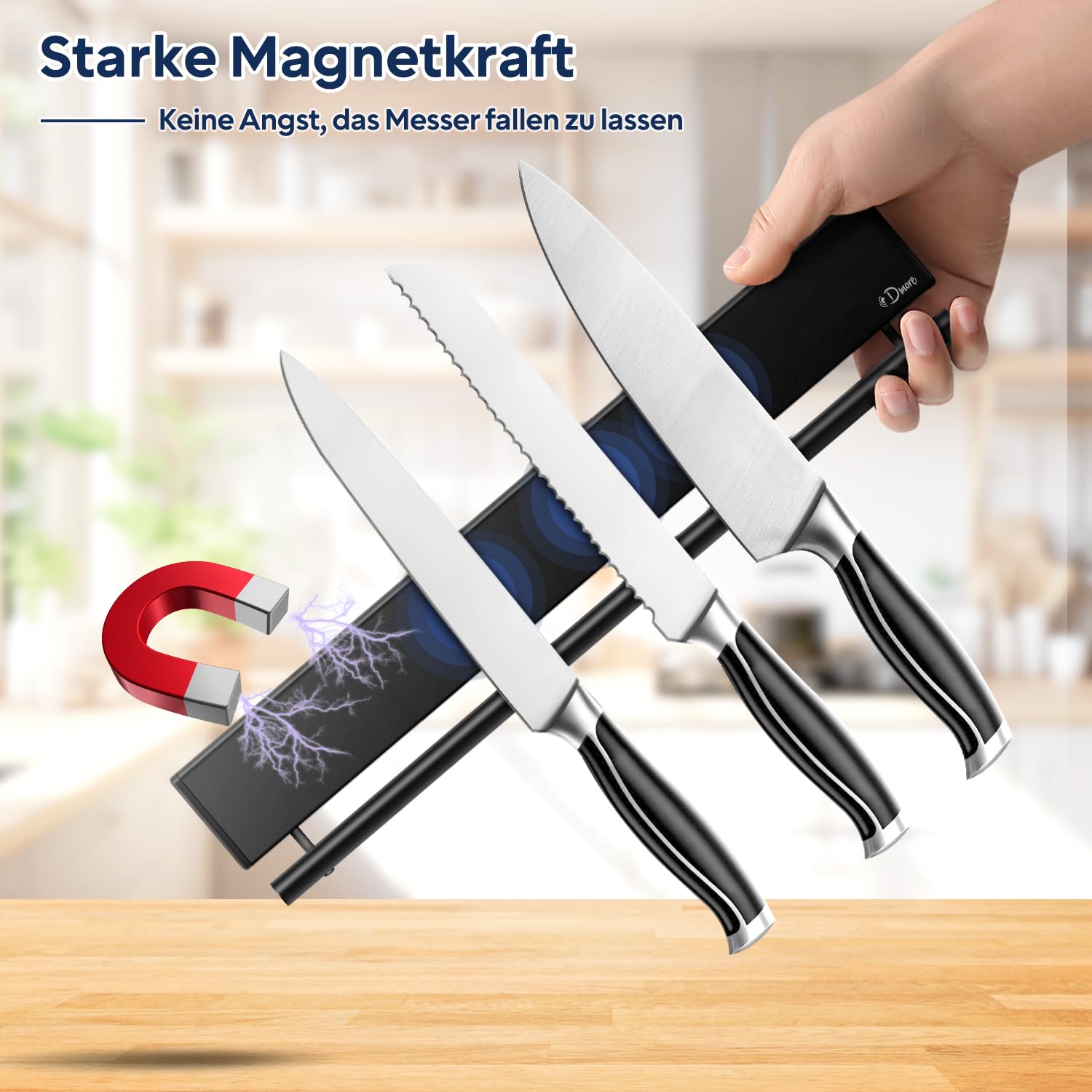 Dmore Supporto Magnetico per Coltelli da 30 cm Con 5 Ganci - Barra Nera Autoadesiva per Utensili Con Nastro e Viti