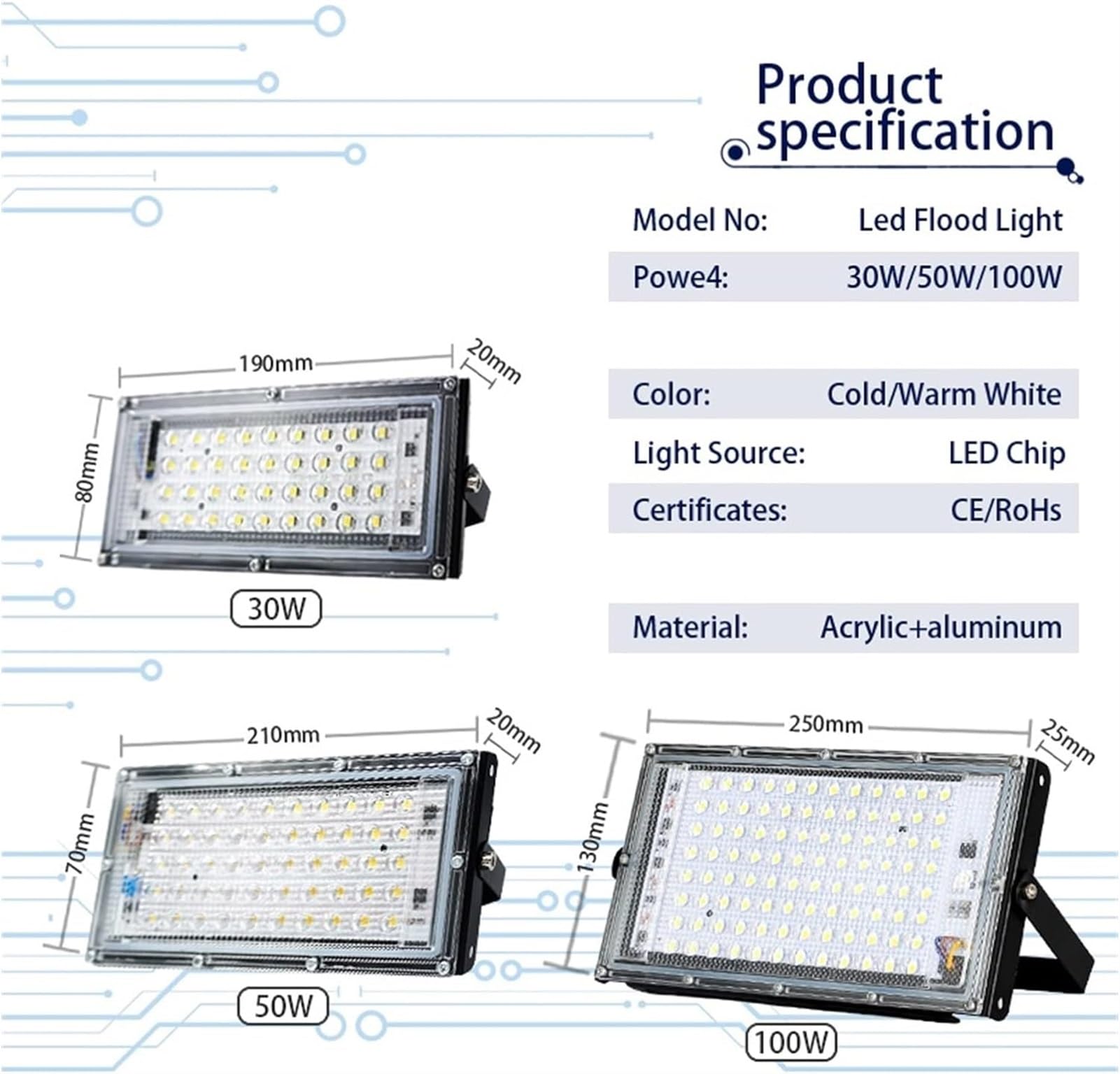 lampy solarne, Projektor do lampy ulicznej LED, zewnętrzny, IP65, ogrodu, na podwórko, garażu, drzwi(Flood Light X 1,WHITE 100W)
