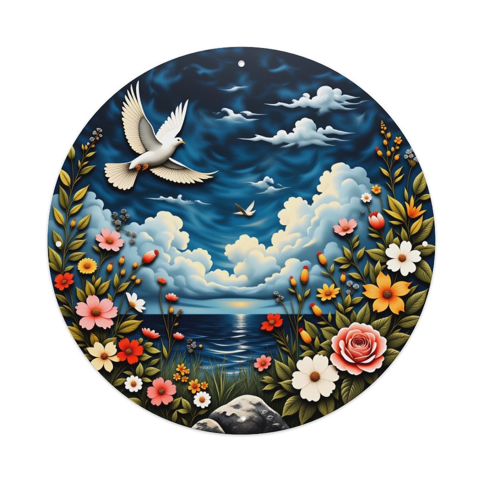 Birds Clouds Flowers Sky Water Vintage Metal Tin Sign Retro Wall Decor for Home Bar Garage Cafe, Indoor & Outdoor Decorative，circle Metal Poster, 8x8 Inch