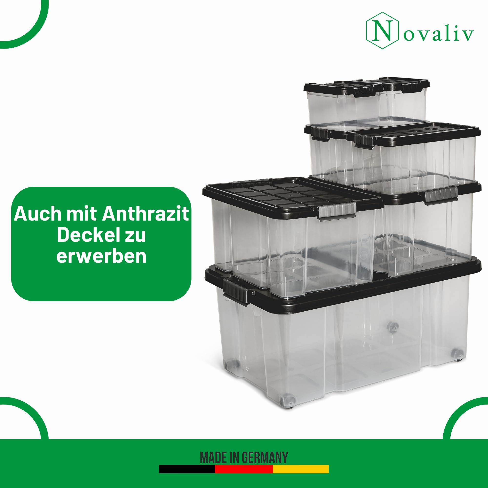 Novaliv - Set di 7 scatole portaoggetti con coperchio, trasparenti, 1 x 45 l, 2 x 15 l, 2 x 5 l, 2 x 2 l, impilabili, con chiusura a clip, senza BPA